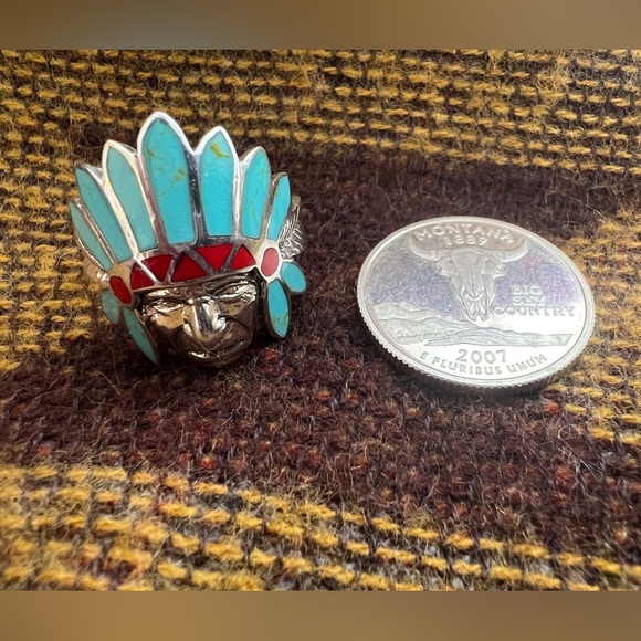 ❤️ Zuni Chief Inlaid Sterling Silver Southwestern Size 8.5 Ring 6.6gm - Picture 14 of 14